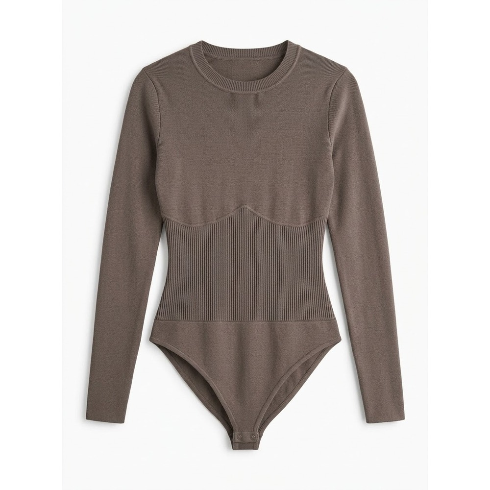 Abercrombie & Fitch Bodysuit Women Small Taupe Ribbed Long Sleeve Corset Knit